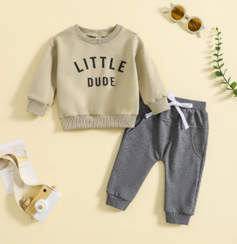 Khaki sweatshirt with black Little Dude lettering and dark gray cuffed pants