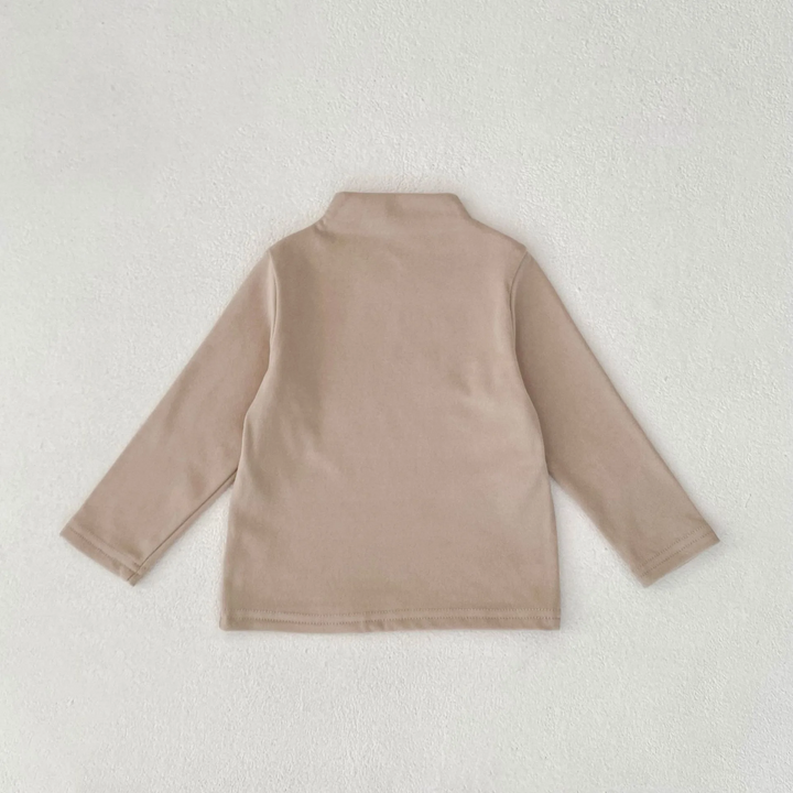 Khaki baby sweater laid flat, showing its long sleeves and straight hem.