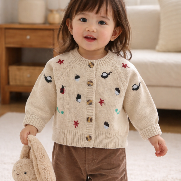 Child wearing a khaki patterned cardigan with brown pants