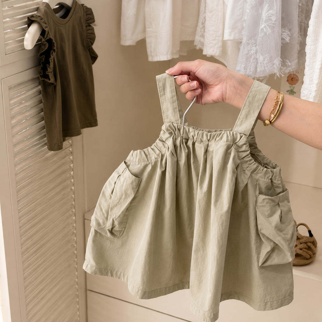 Khaki pinafore held separately with the olive ruffled top hanging in the background