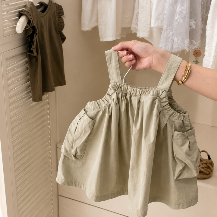 Khaki pinafore held separately with the olive ruffled top hanging in the background