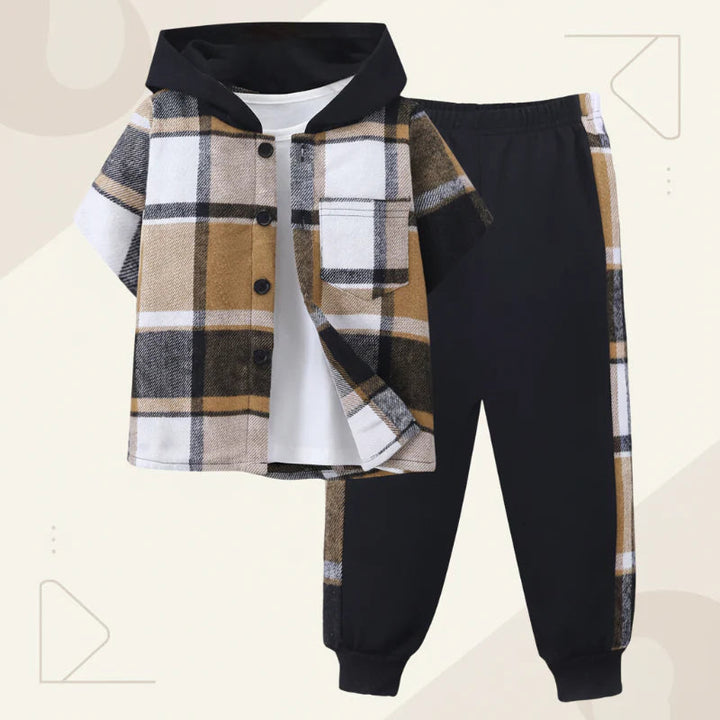 Khaki, white and black plaid hooded top with black pants and matching plaid side stripes