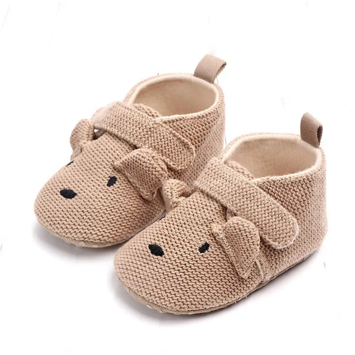 Khaki rabbit baby slippers with wide straps and heel loops