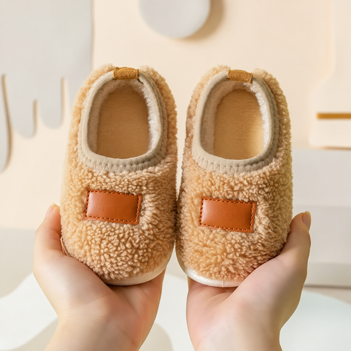 Khaki textured slippers with tan front patches and cream-colored trim