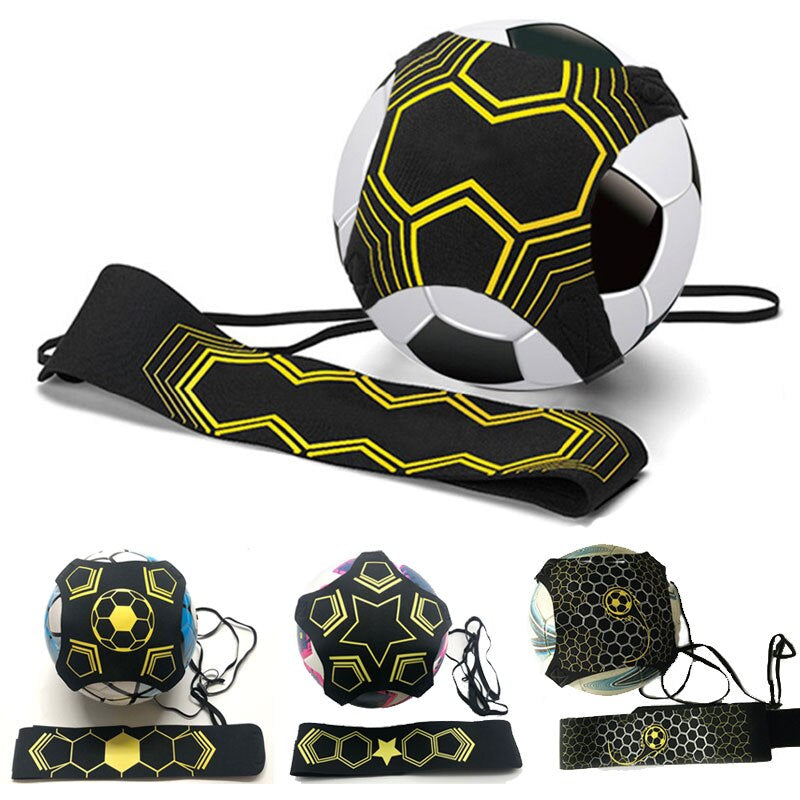 Black and yellow soccer trainer with a waist belt, tethered ball holder, and three pattern examples