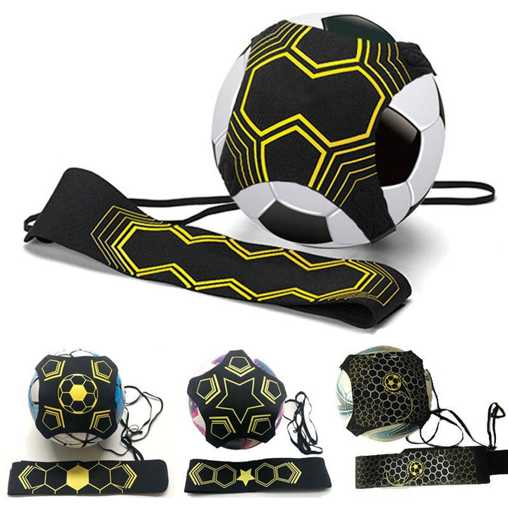 Black and yellow soccer trainer with a waist belt, tethered ball holder, and three pattern examples