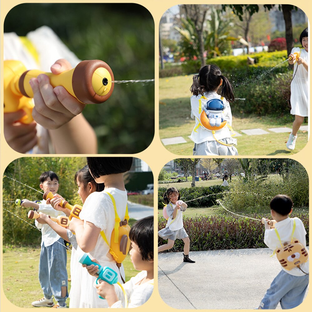 Children wearing character water tanks and playing with water blasters outdoors
