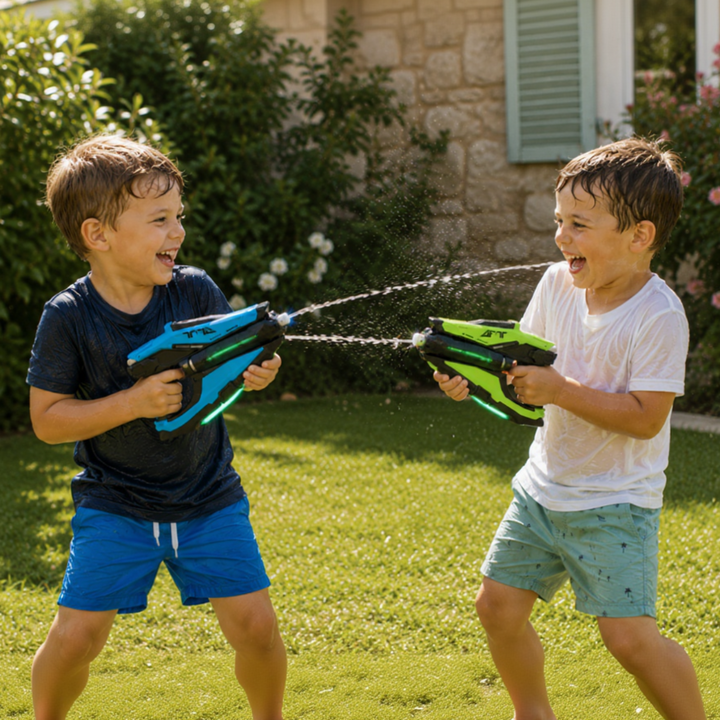 Two children using blue and green water blasters during a backyard game