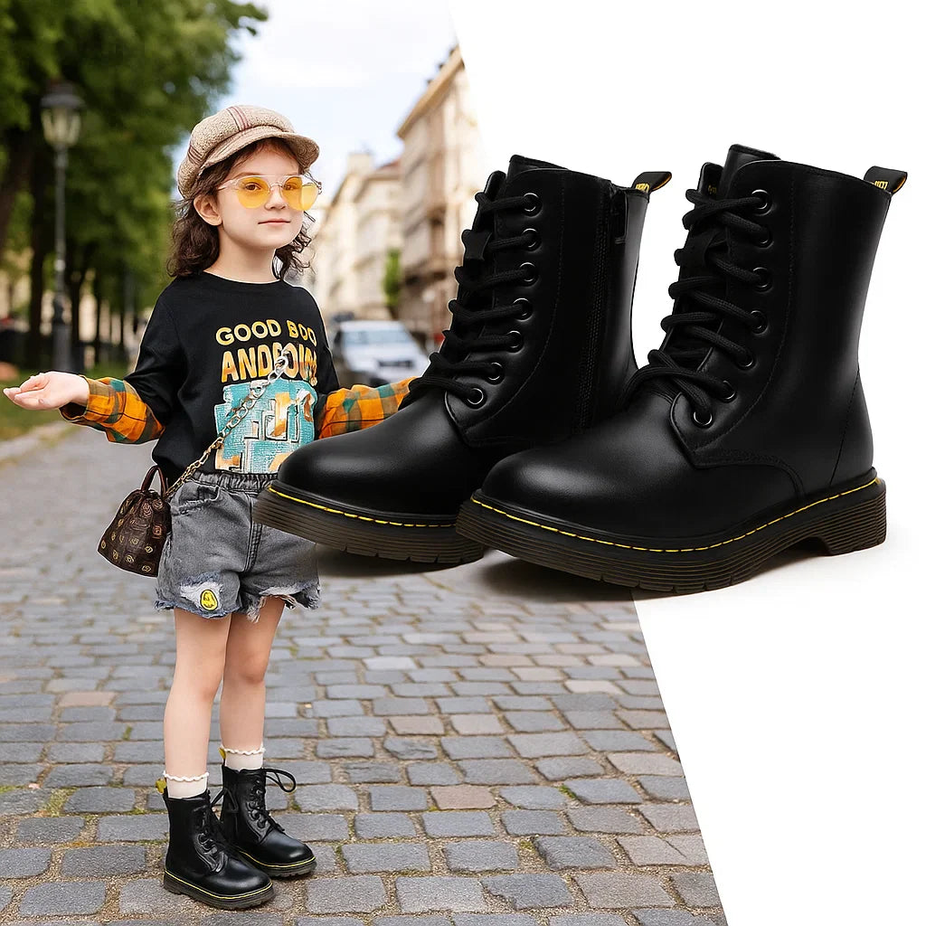 Child wearing black combat boots beside a larger view of the lace-up design
