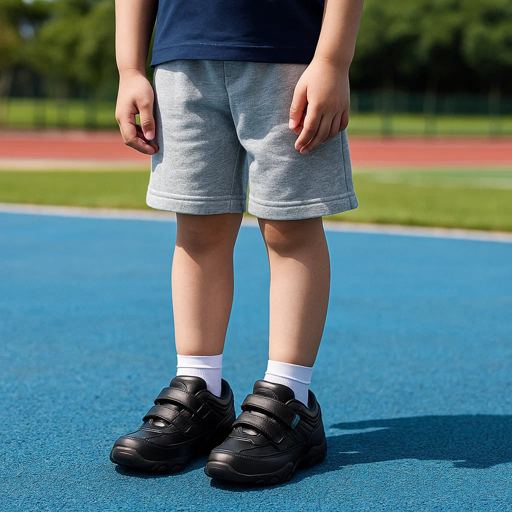 Child wearing black strap sneakers with gray shorts on an outdoor court