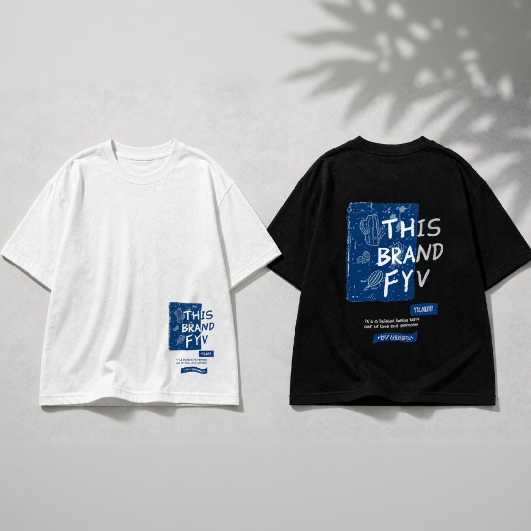 White T-shirt front and black T-shirt back with blue graphic prints.