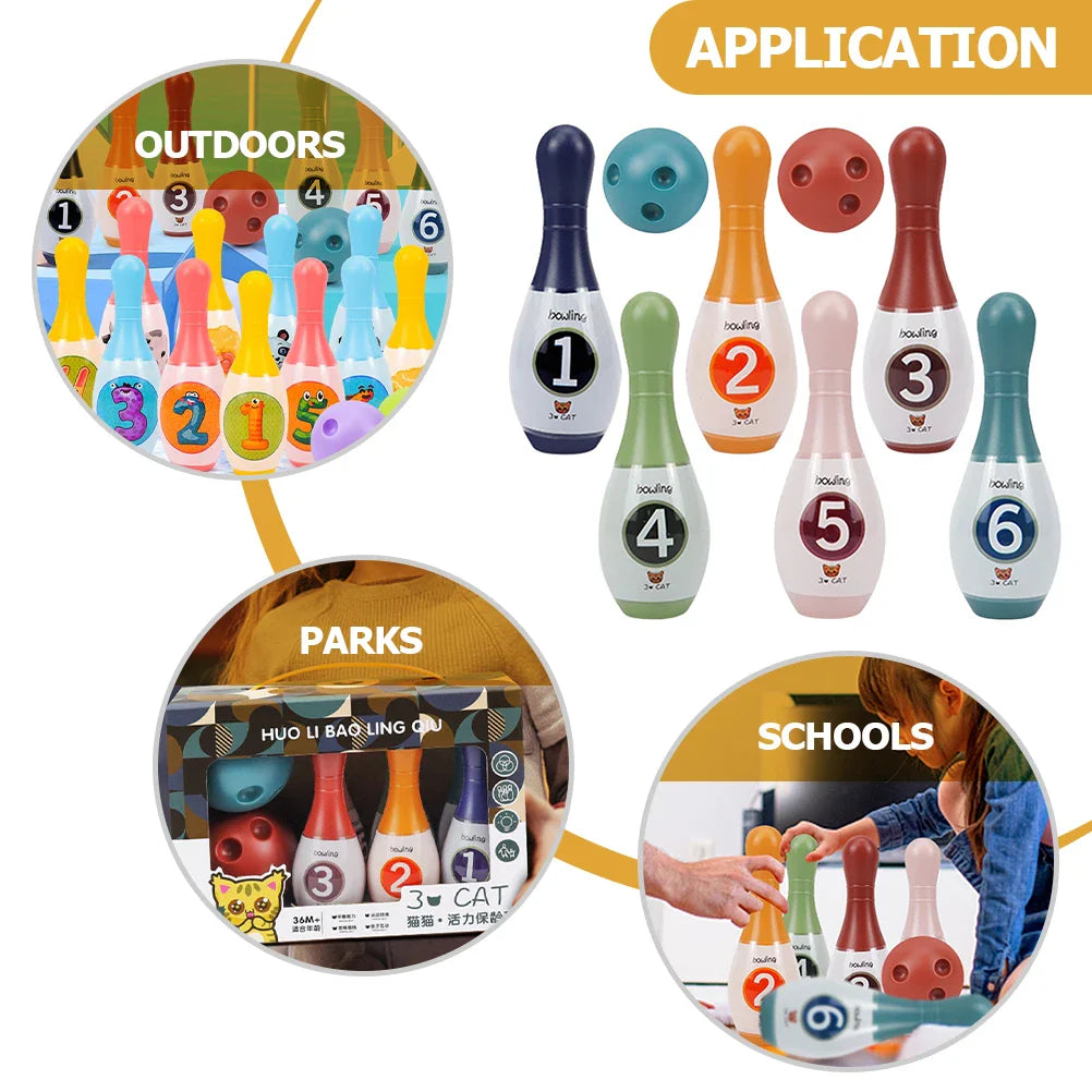 Numbered bowling pins and two balls shown with outdoor, park, and school play settings.