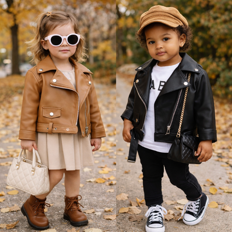 Two children wearing brown and black biker jackets outdoors with fall outfits