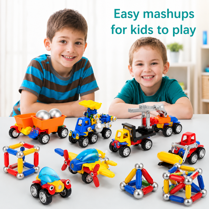 Two children with colorful magnetic vehicles and geometric builds on a table.