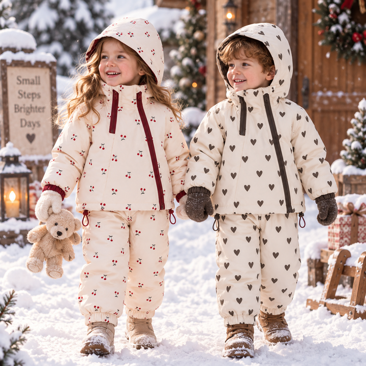 Two children wearing cherry-print and heart-print jacket and pants sets outdoors in the snow.