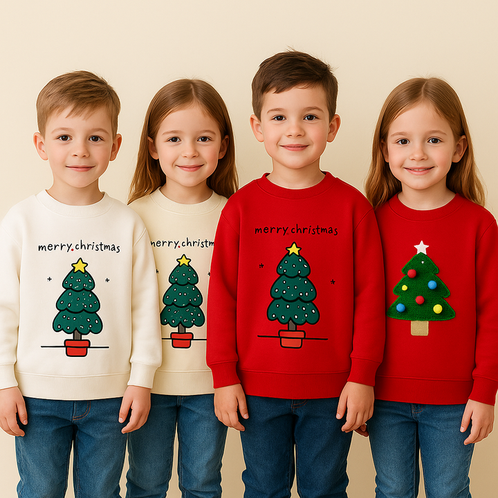 Four children wearing red, beige, and white Christmas tree sweatshirts with jeans.