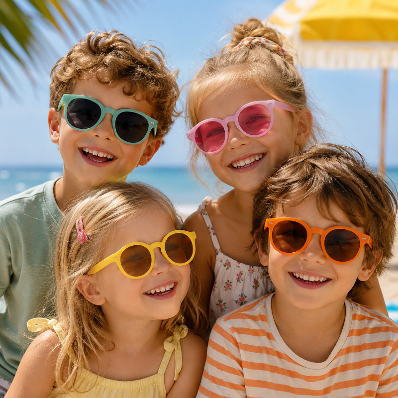 Four children wearing green, pink, yellow, and orange sunglasses outdoors