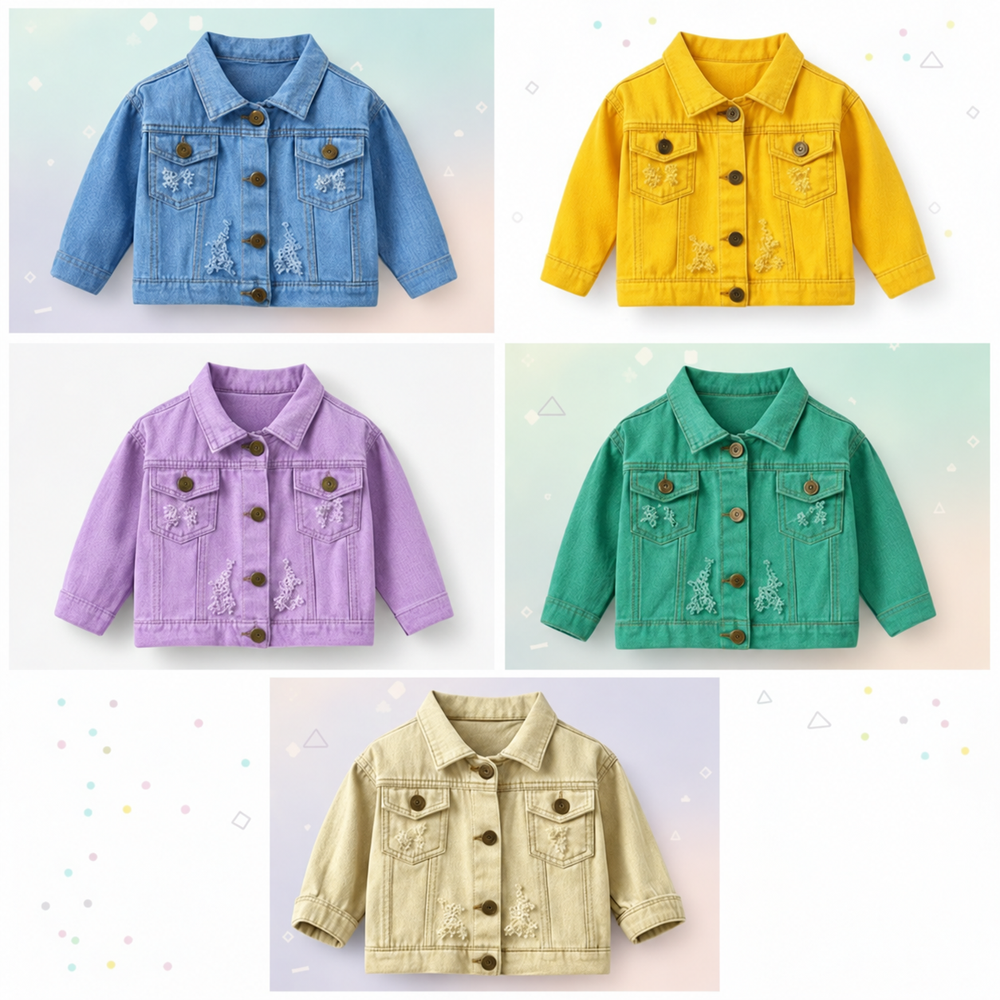 Front views of kids' denim jackets in blue, yellow, purple, green, and beige