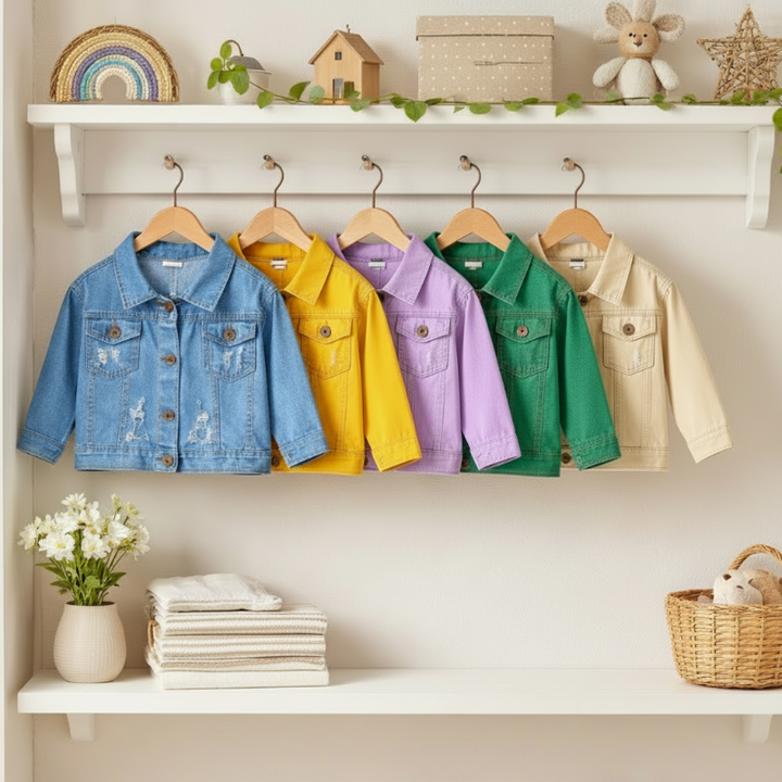 Blue, yellow, purple, green, and beige kids&