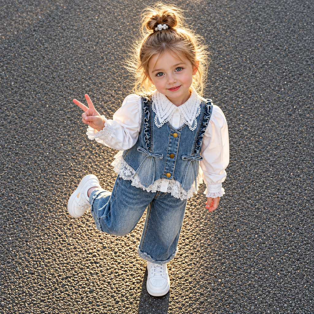 Child wearing the blue denim vest and jeans with a white lace blouse and sneakers outdoors