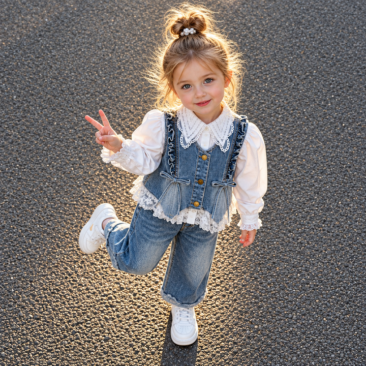 Child wearing the blue denim vest and jeans with a white lace blouse and sneakers outdoors