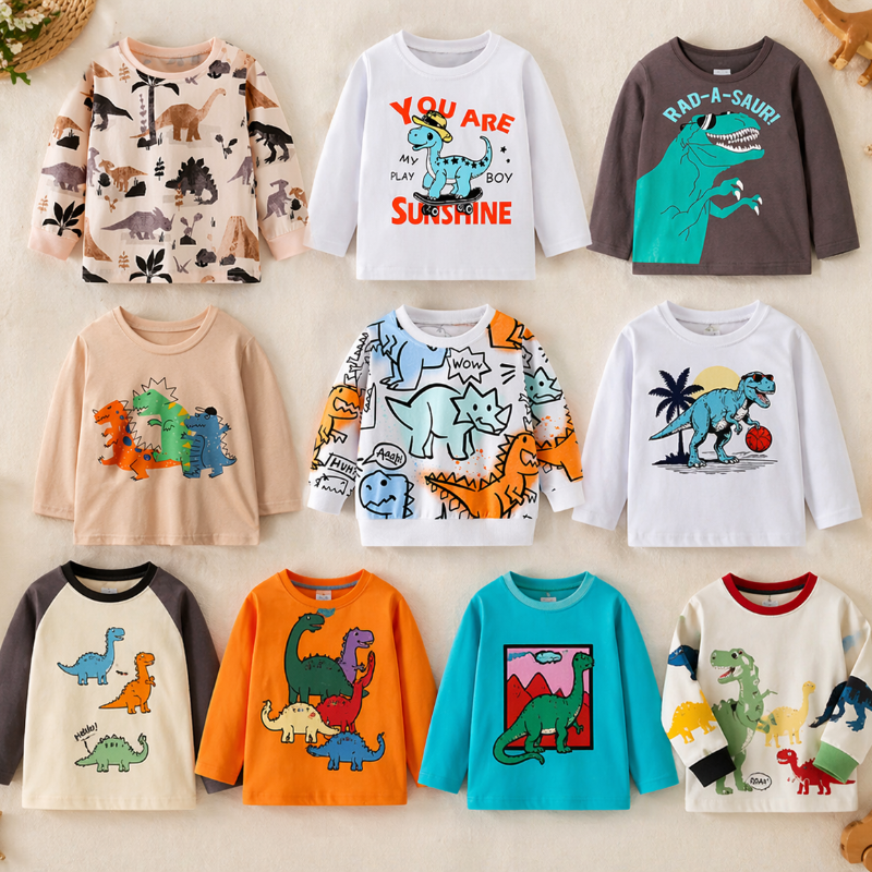 Ten kids' dinosaur sweatshirts arranged flat in assorted colors and graphic prints