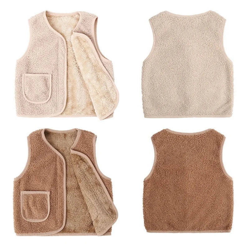 Front and back views of light-colored and tan children's vests, showing plush interiors and patch pockets.