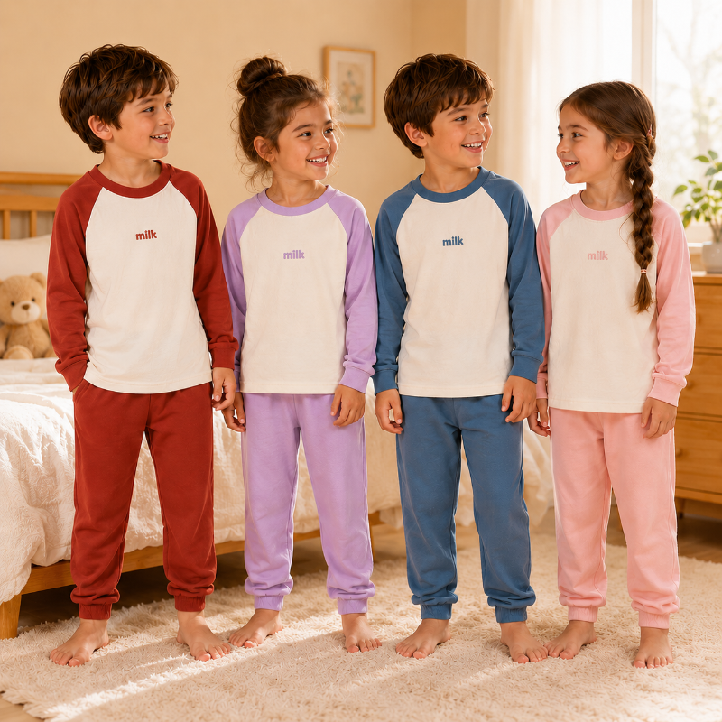 Four children wearing red, purple, blue, and pink pajama sets with cream-front tops.