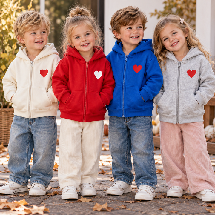 Four children outdoors wearing cream, red, blue and gray heart-print zip-up hoodies