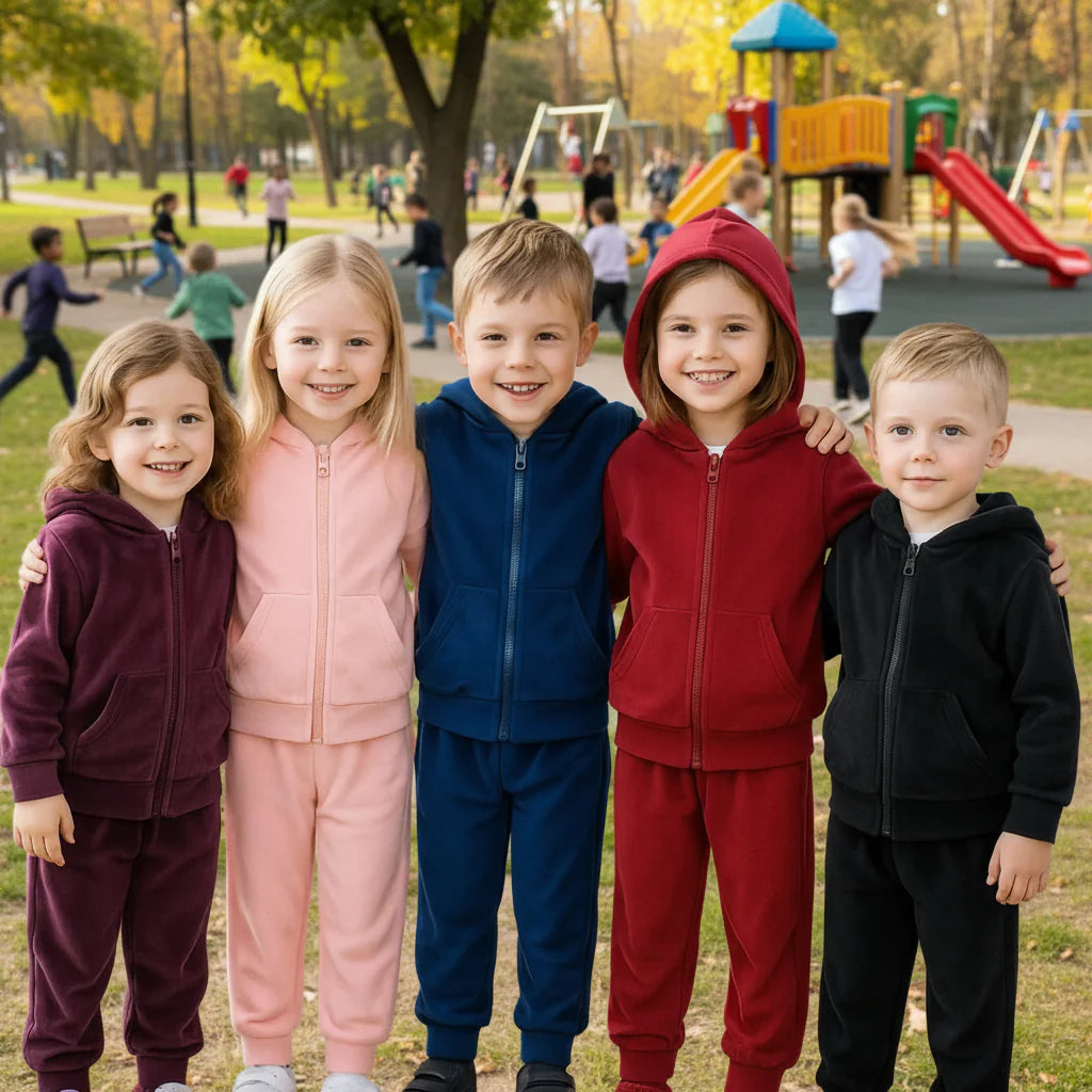 Five children wearing hooded tracksuits in plum, pink, navy, red and black at a playground