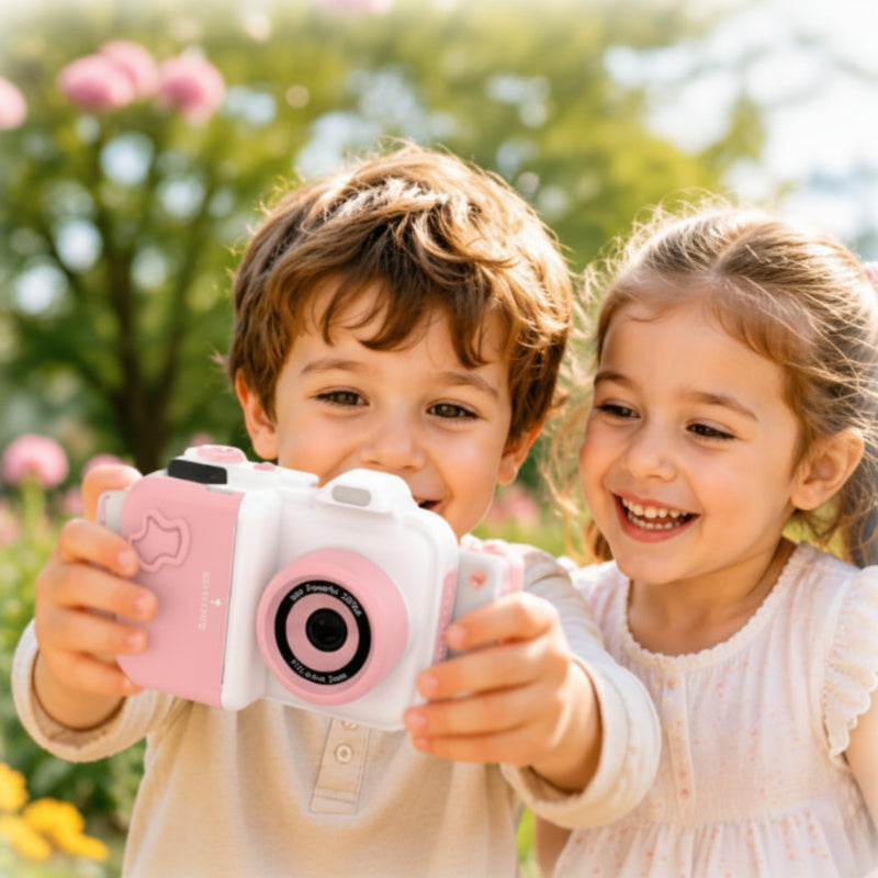 Two children holding a white-and-pink instant-print camera outdoors