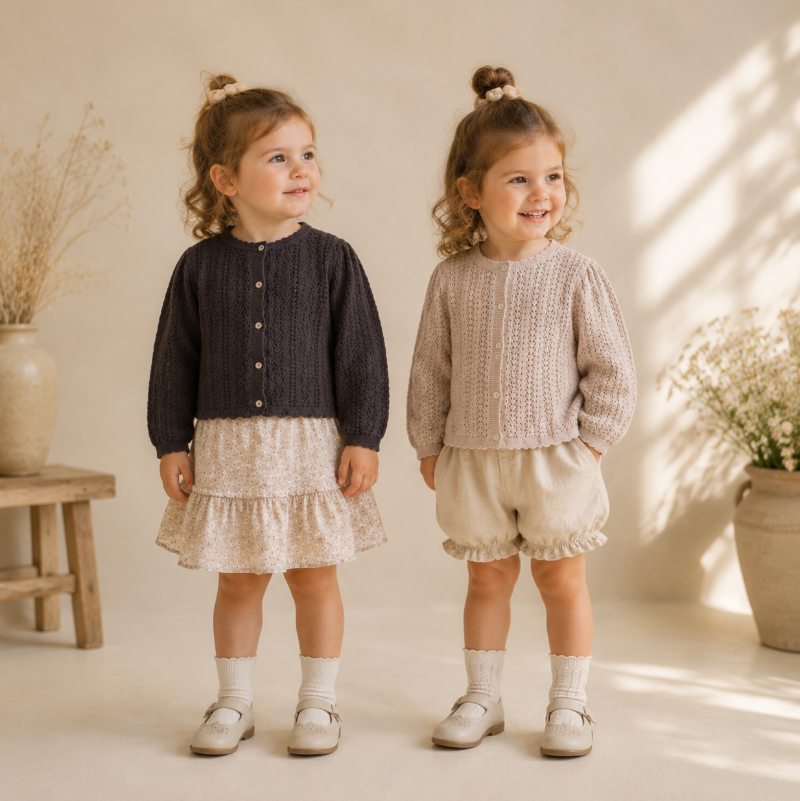 Two children wearing black and apricot knit cardigans with cream outfits