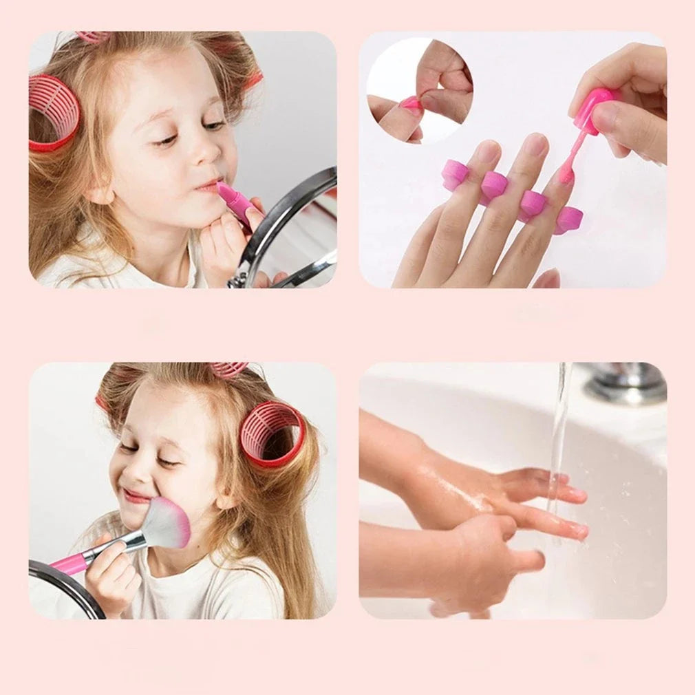 Child using lipstick and a makeup brush, alongside nail-painting and hand-rinsing demonstrations