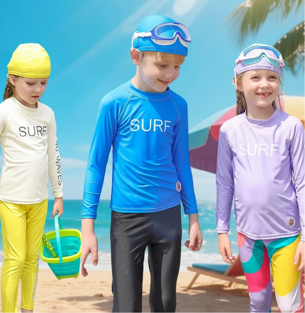 Three children wearing cream, blue, and lavender long-sleeve swim shirts at the beach