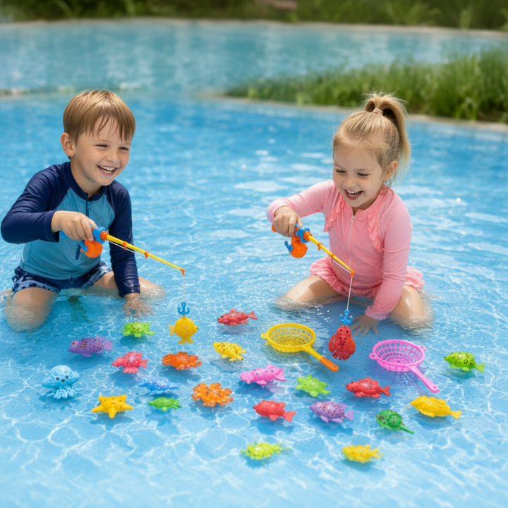 Two children use magnetic fishing rods to catch colorful toy sea creatures in shallow water.