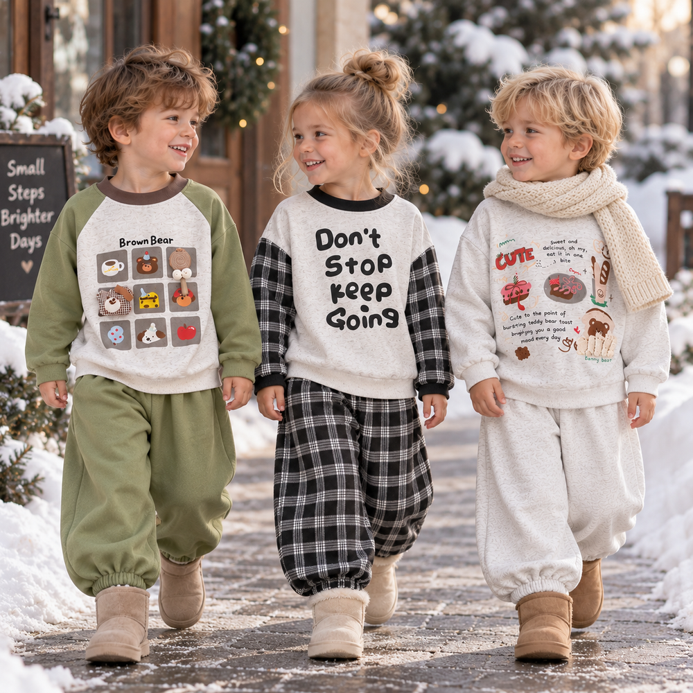 Three children wearing coordinated sweatshirt and pants sets on a snowy outdoor path