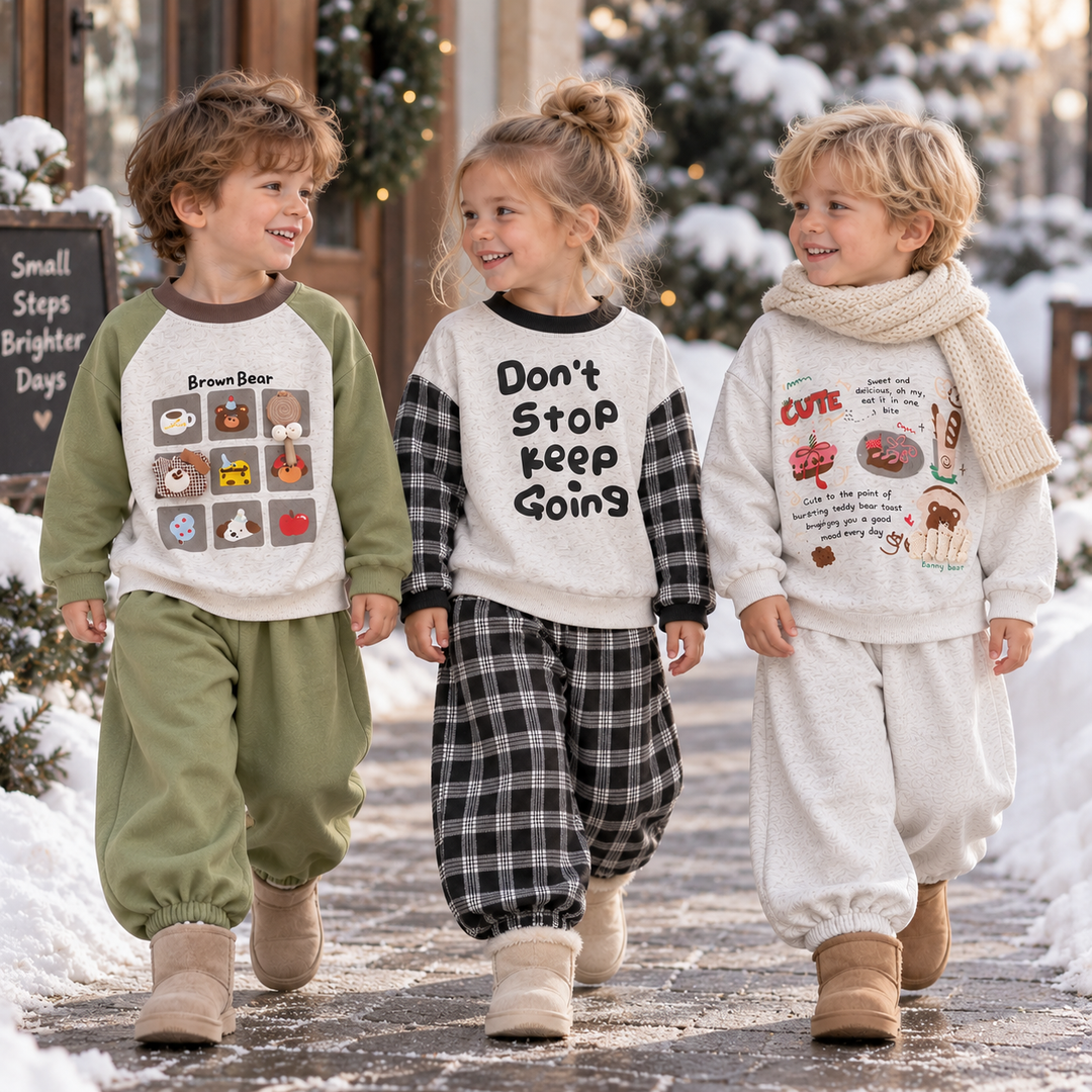 Three children wearing coordinated sweatshirt and pants sets on a snowy outdoor path