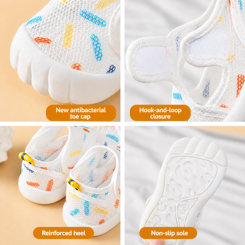 Close-ups of the closed toe, hook-and-loop strap, heel and textured sole of white mesh kids' sandals