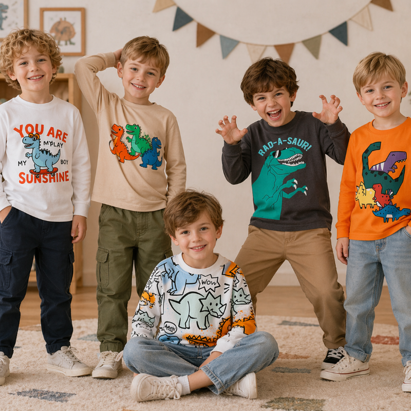 Five children wearing dinosaur sweatshirts in white, beige, charcoal, orange, and an allover print