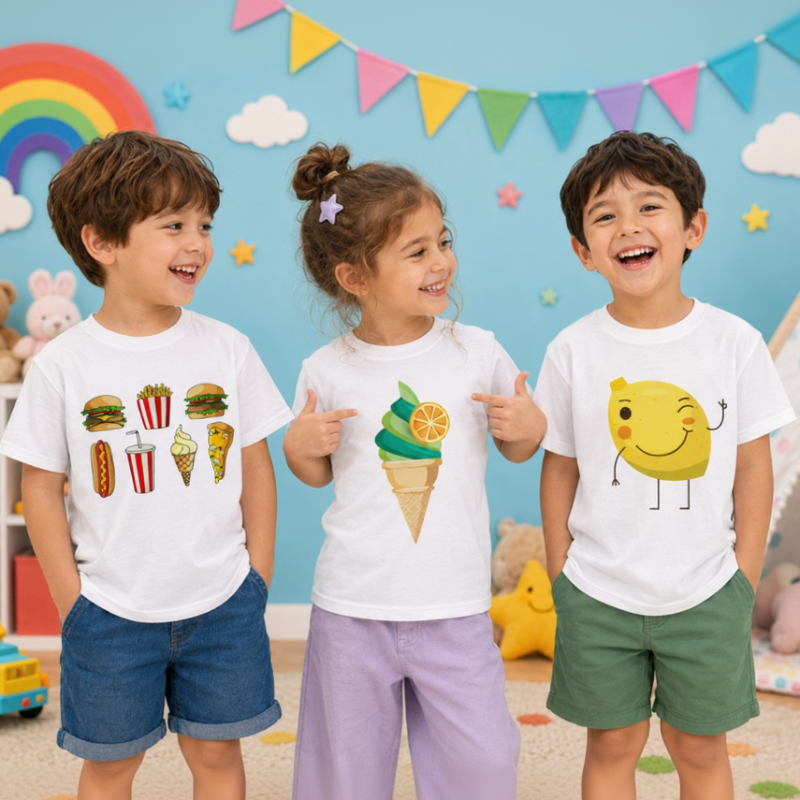Three children wearing white graphic T-shirts with fast-food, citrus ice cream, and smiling lemon designs.