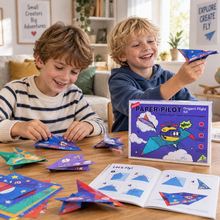 Two children making and holding paper airplanes with an open folding guide on the table