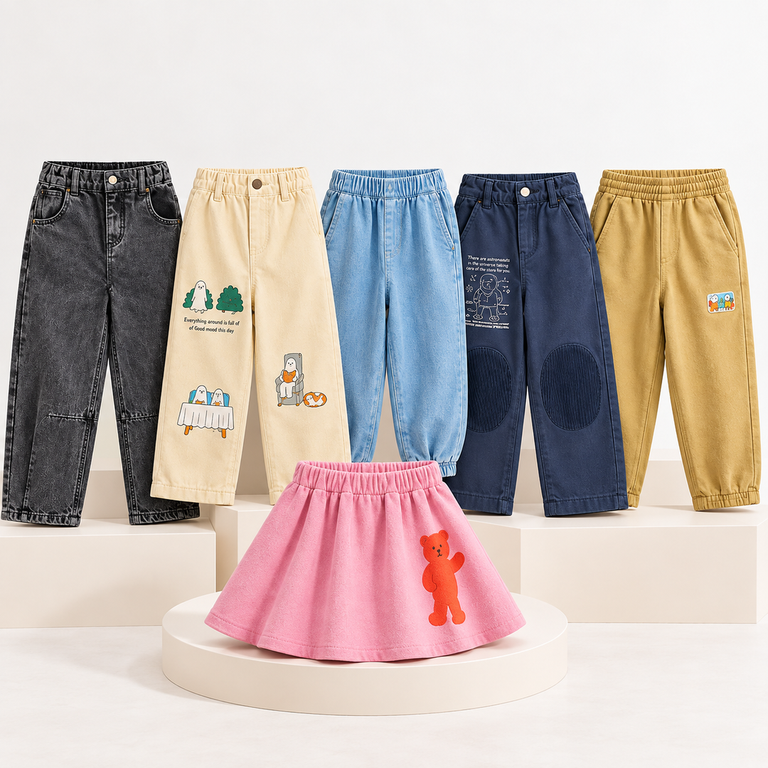 Five kids' pants styles and a pink skirt with a red bear design displayed together.