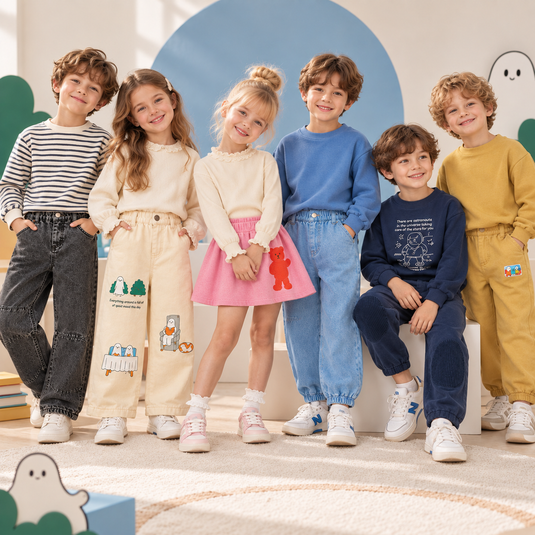 Six children modeling assorted pants and a pink skirt with sweaters and tops.