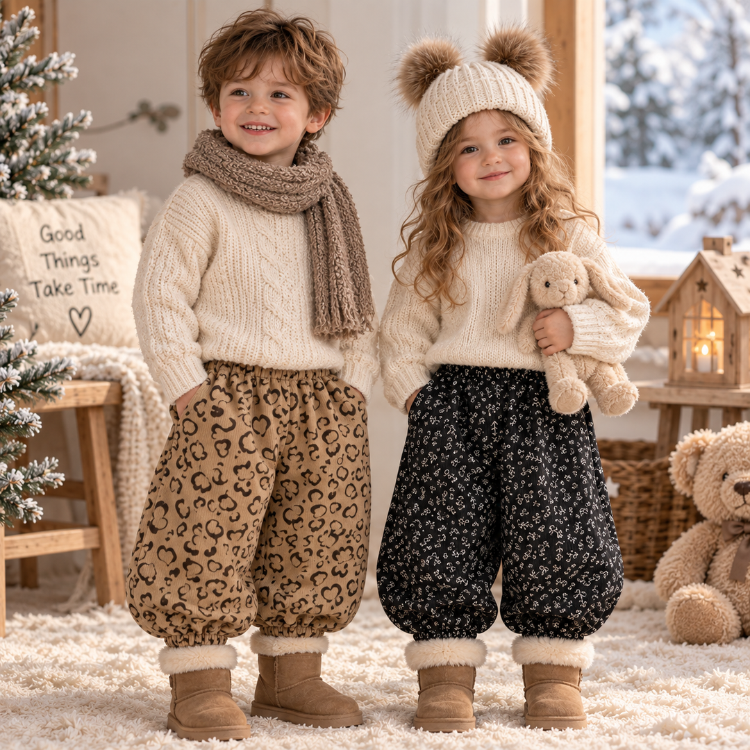 Two children wearing brown heart and black floral pants with knit sweaters and boots