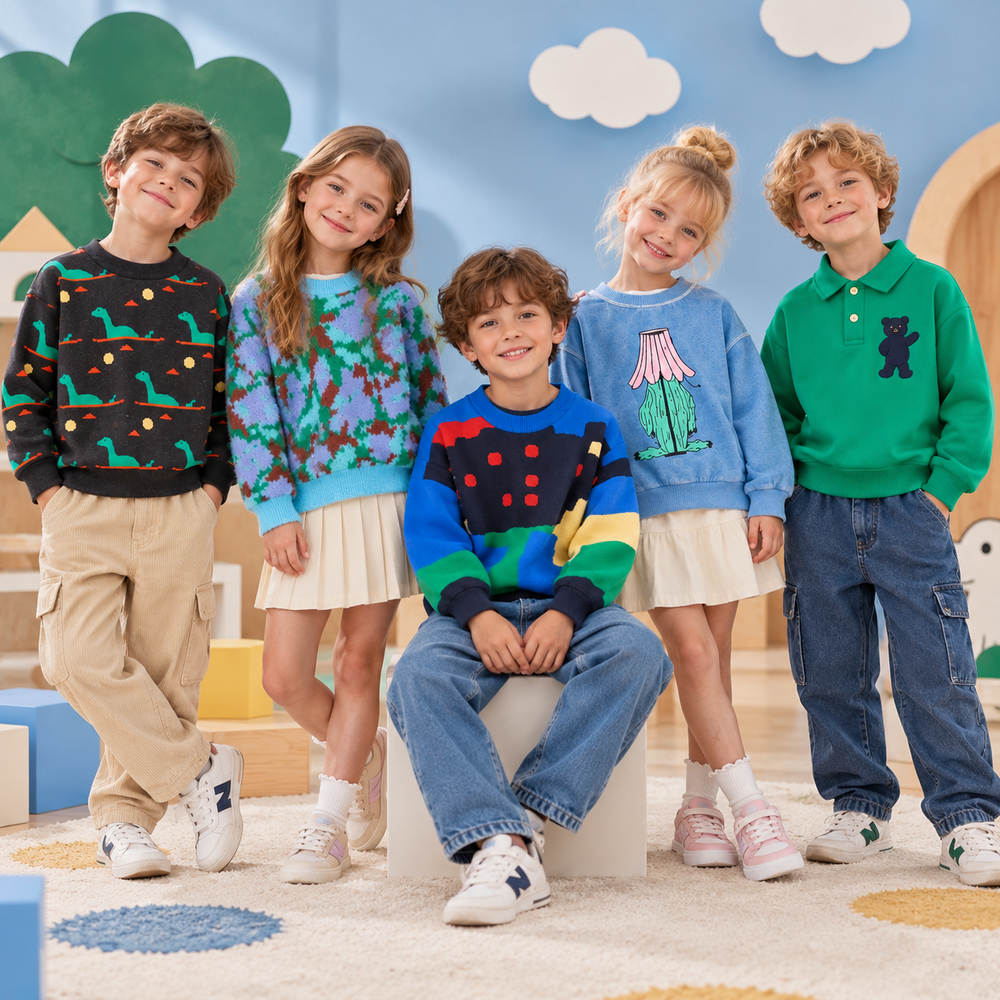 Five children wearing colorful patterned sweaters and a green collared sweatshirt