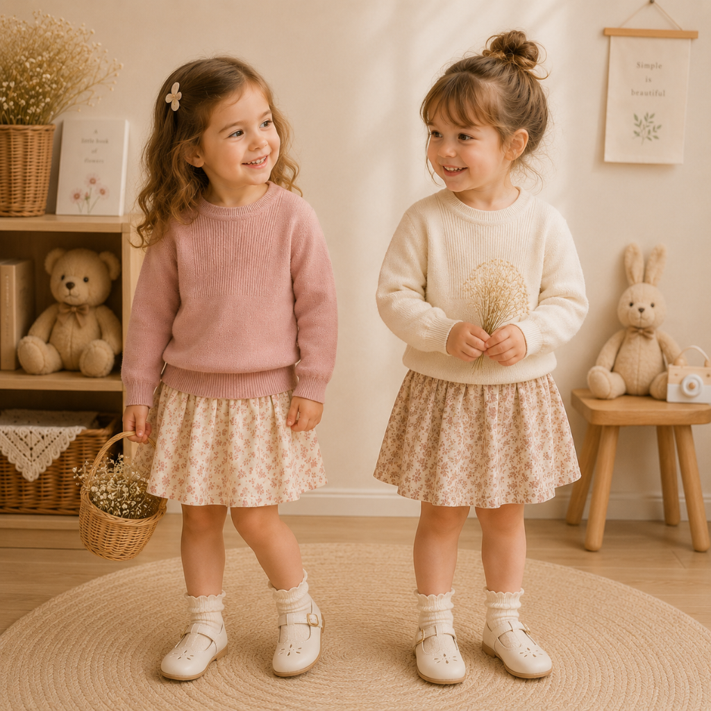 Two children wearing pink and cream cotton sweaters with floral skirts