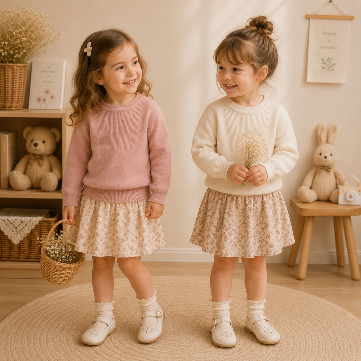 Two children wearing pink and cream cotton sweaters with floral skirts