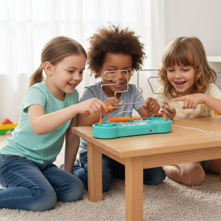 Three children playing a green tabletop wire maze game together