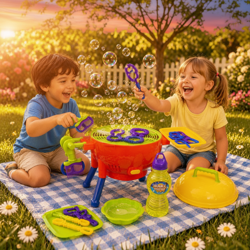Two children playing with bubble wands beside a red toy grill on a picnic blanket.