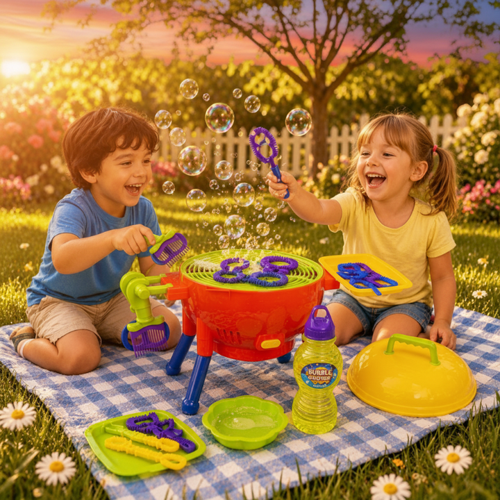 Two children playing with bubble wands beside a red toy grill on a picnic blanket.